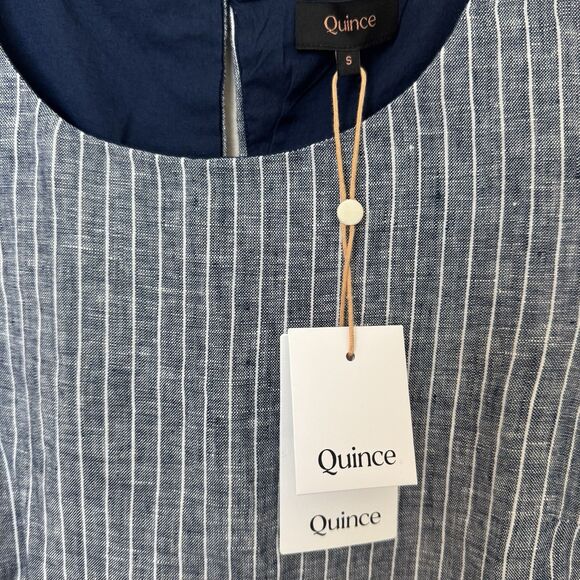 Quince European Linen Tank Mini Dress Size Small Chambray Striped Blue Pockets - Picture 10 of 12